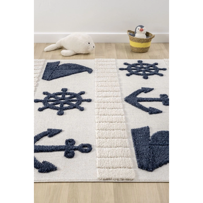 Yumuşak Renkli Bukleli Denizcilik Figürlü Dokuma Halı Bebek Odası Çocuk Odası Genç Odası Halısı 4