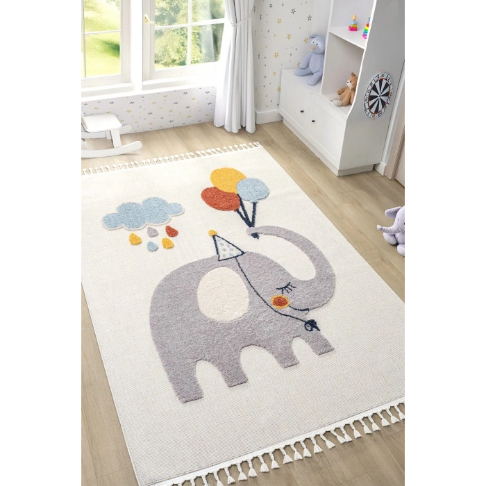 Yumuşak Renkli Bukleli Fil Balon Figürlü Dokuma Halı Bebek Odası Çocuk Odası Genç Odası Halısı 6