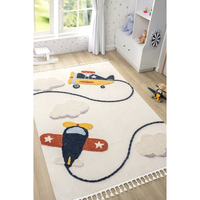 Yumuşak Renkli Bukleli Uçak Figürlü Dokuma Halı Bebek Odası Çocuk Odası Genç Odası Halısı 7