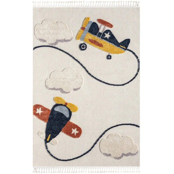 Yumuşak Renkli Bukleli Uçak Figürlü Dokuma Halı Bebek Odası Çocuk Odası Genç Odası Halısı 7