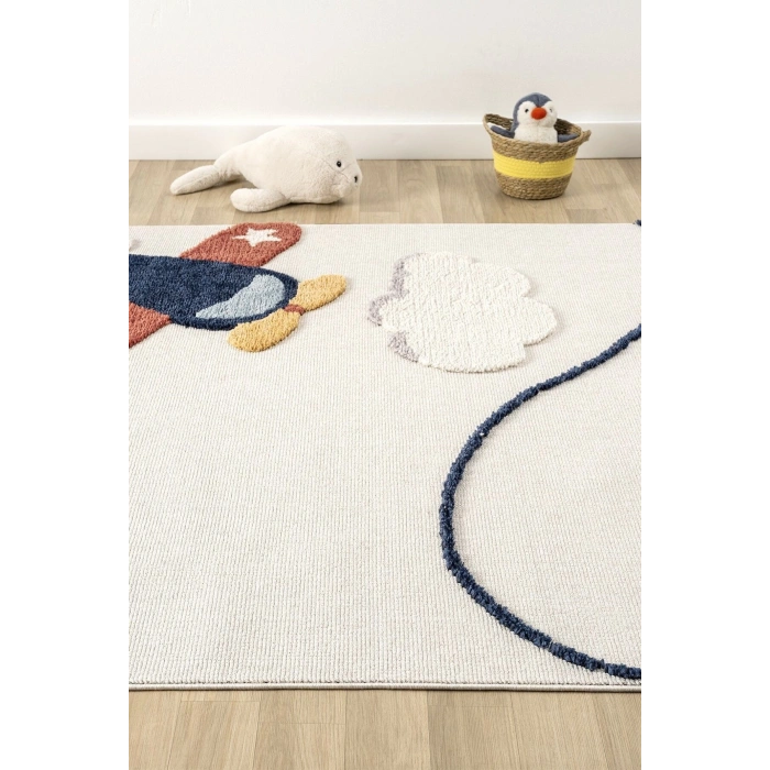 Yumuşak Renkli Bukleli Uçak Figürlü Dokuma Halı Bebek Odası Çocuk Odası Genç Odası Halısı 7