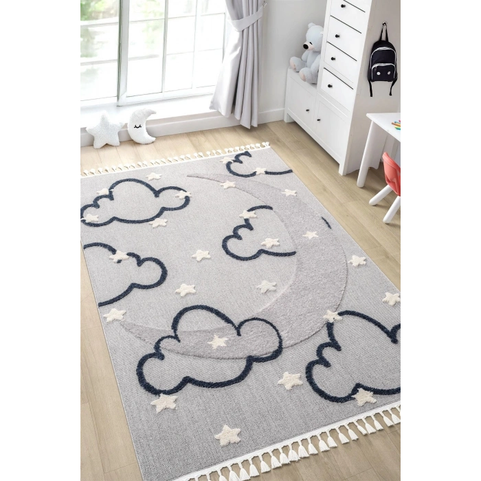 Gri Renk Yumuşak Bukleli Bulut Ay Dokuma Halı Bebek Odası Çocuk Odası Genç Odası Halısı 9