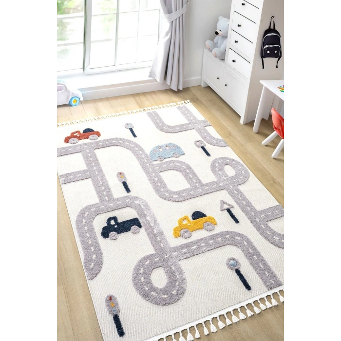 Yumuşak Renkli Bukleli Araba Yolu Dokuma Halı Bebek Odası Çocuk Odası Genç Odası Halısı 8