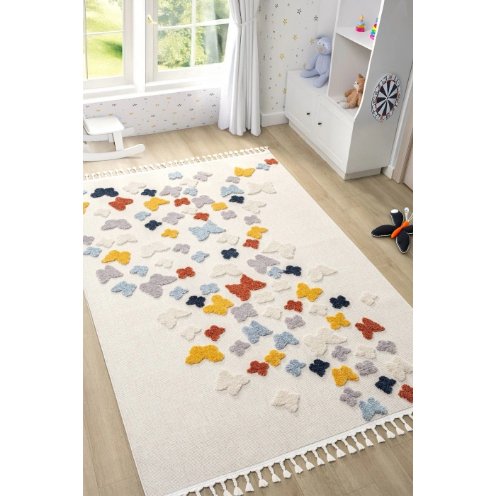 Yumuşak Renkli Bukleli Kelebek Figürlü Dokuma Halı Bebek Odası Çocuk Odası Genç Odası Halısı 11