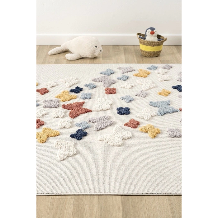 Yumuşak Renkli Bukleli Kelebek Figürlü Dokuma Halı Bebek Odası Çocuk Odası Genç Odası Halısı 11