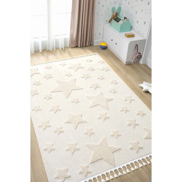 Krem Renk Yıldızlı Yumuşak Bukleli Dokuma Halı Bebek Odası Çocuk Odası Genç Odası Halısı 12
