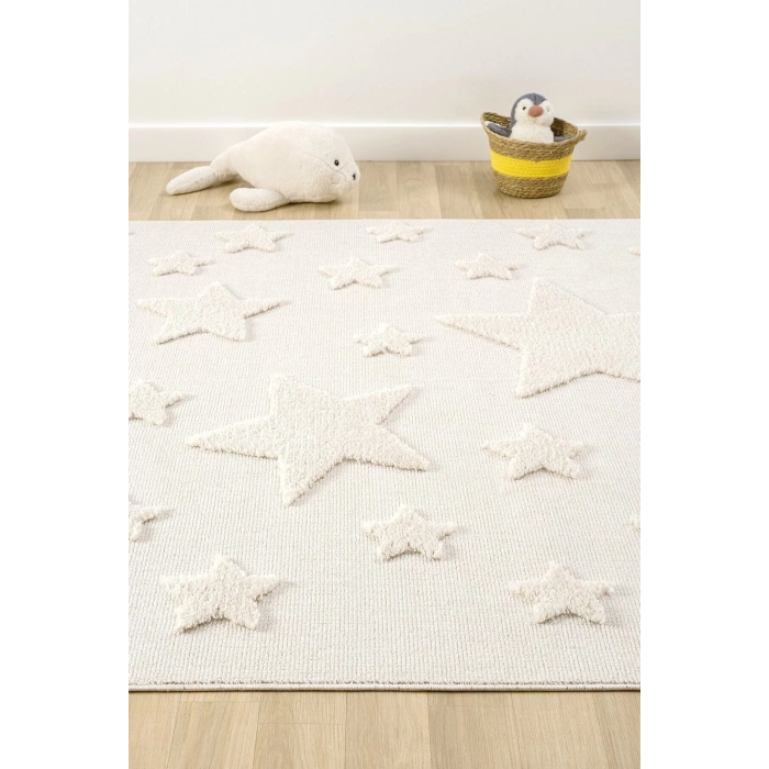 Krem Renk Yıldızlı Yumuşak Bukleli Dokuma Halı Bebek Odası Çocuk Odası Genç Odası Halısı 12