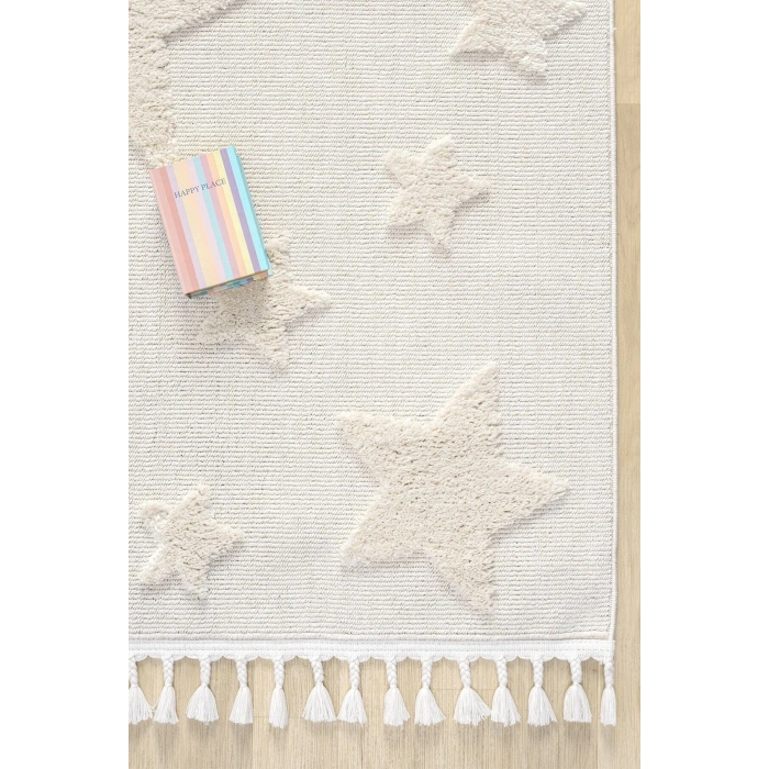 Krem Renk Yıldızlı Yumuşak Bukleli Dokuma Halı Bebek Odası Çocuk Odası Genç Odası Halısı 12