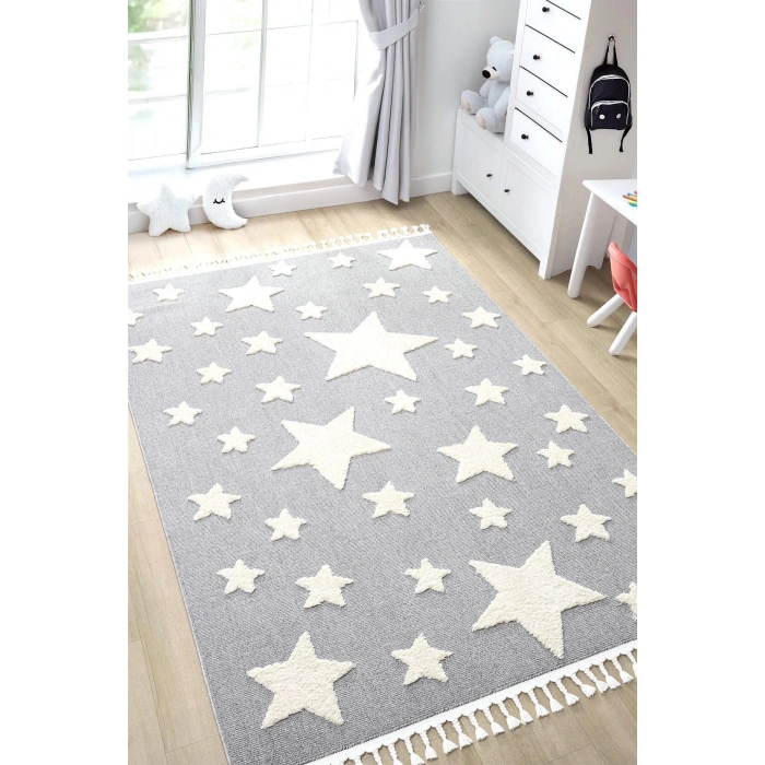 Gri Renk Yıldızlı Yumuşak Bukleli Dokuma Halı Bebek Odası Çocuk Odası Genç Odası Halısı 13