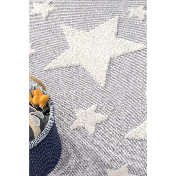 Gri Renk Yıldızlı Yumuşak Bukleli Dokuma Halı Bebek Odası Çocuk Odası Genç Odası Halısı 13
