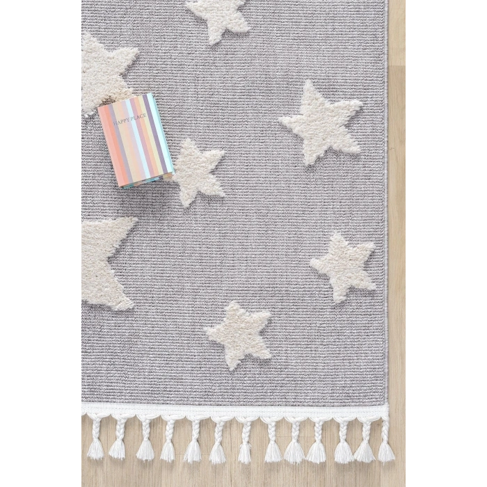 Gri Renk Yıldızlı Yumuşak Bukleli Dokuma Halı Bebek Odası Çocuk Odası Genç Odası Halısı 13