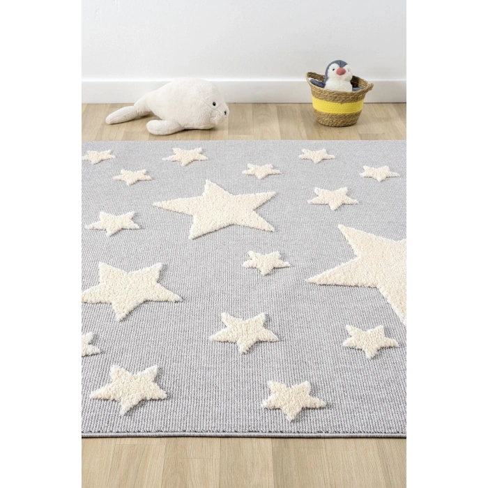 Gri Renk Yıldızlı Yumuşak Bukleli Dokuma Halı Bebek Odası Çocuk Odası Genç Odası Halısı 13