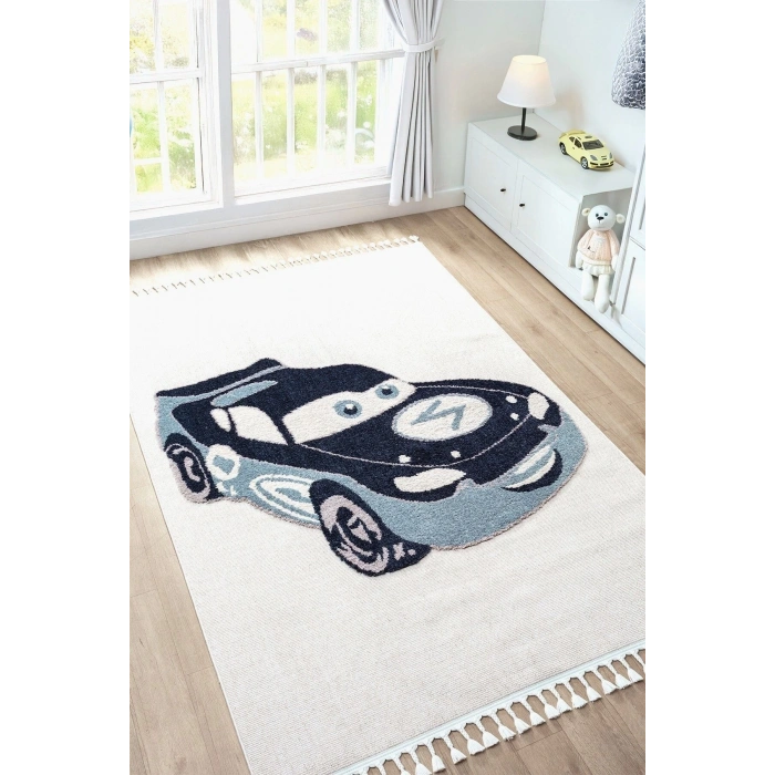 Yumuşak Bukleli Krem Mavi Araba Figürlü Dokuma Halı Bebek Odası Çocuk Odası Genç Odası Halısı 14