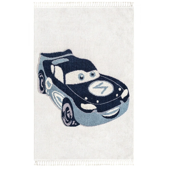 Yumuşak Bukleli Krem Mavi Araba Figürlü Dokuma Halı Bebek Odası Çocuk Odası Genç Odası Halısı 14