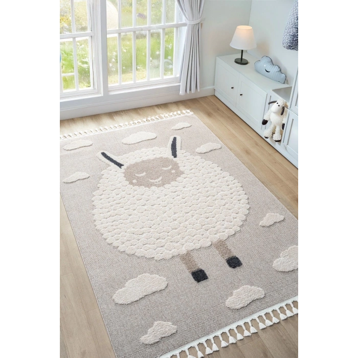 Krem Bej Yumuşak Bukleli Figürlü Dokuma Halı Bebek Odası Çocuk Odası Genç Odası Halısı 21