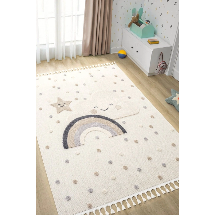 Yumuşak Bukleli Gökkuşağı Ponpon Figürlü Dokuma Halı Bebek Odası Çocuk Odası Genç Odası Halısı 20