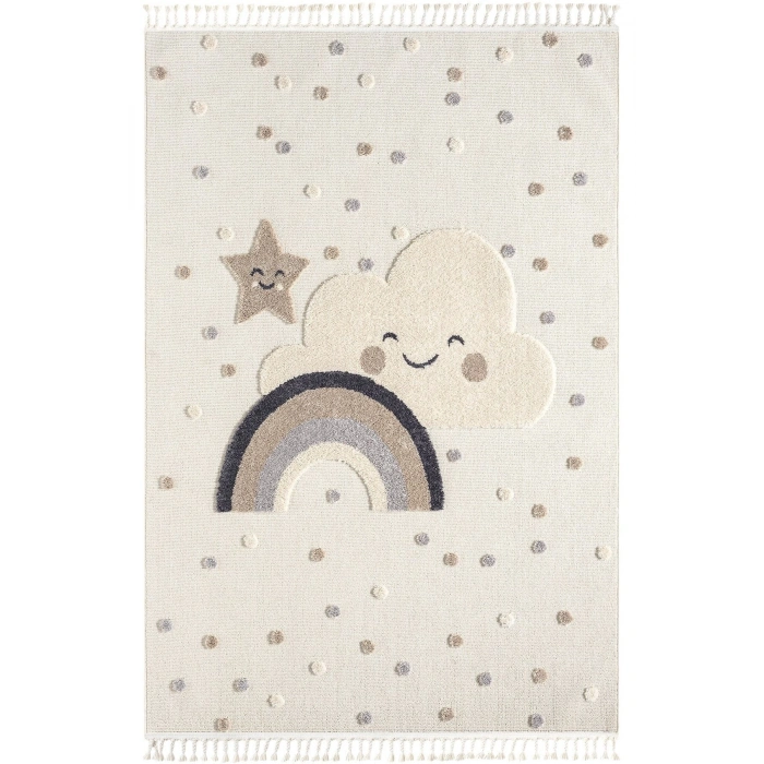 Yumuşak Bukleli Gökkuşağı Ponpon Figürlü Dokuma Halı Bebek Odası Çocuk Odası Genç Odası Halısı 20