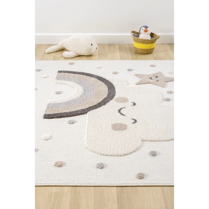 Yumuşak Bukleli Gökkuşağı Ponpon Figürlü Dokuma Halı Bebek Odası Çocuk Odası Genç Odası Halısı 20