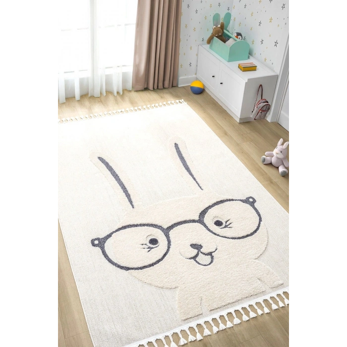 Krem Yumuşak Bukleli Tavşan Figürlü Dokuma Halı Bebek Odası Çocuk Odası Genç Odası Halısı 19