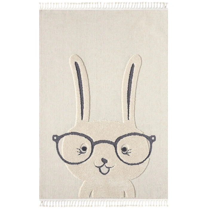 Krem Yumuşak Bukleli Tavşan Figürlü Dokuma Halı Bebek Odası Çocuk Odası Genç Odası Halısı 19