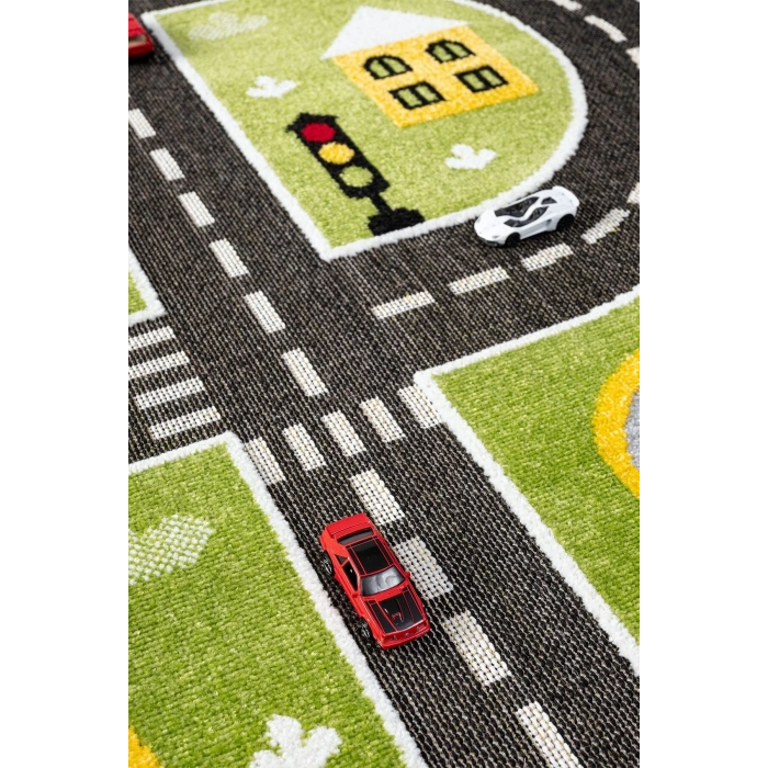 Trafik Arabalı Dokuma Halı Yıkanabilir Çocuk Halısı Anaokul Kreş Oyun Halısı YEŞİL