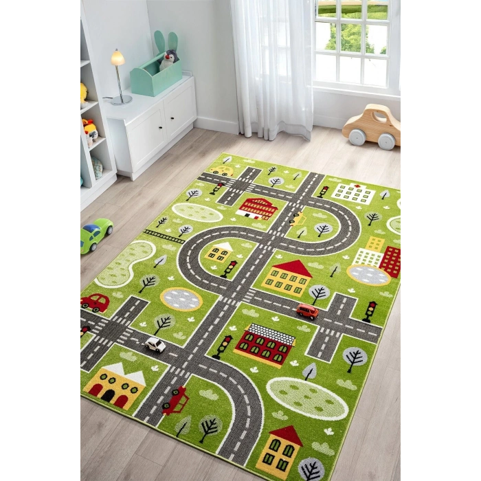 Trafik Arabalı Dokuma Halı Yıkanabilir Çocuk Halısı Anaokul Kreş Oyun Halısı YEŞİL