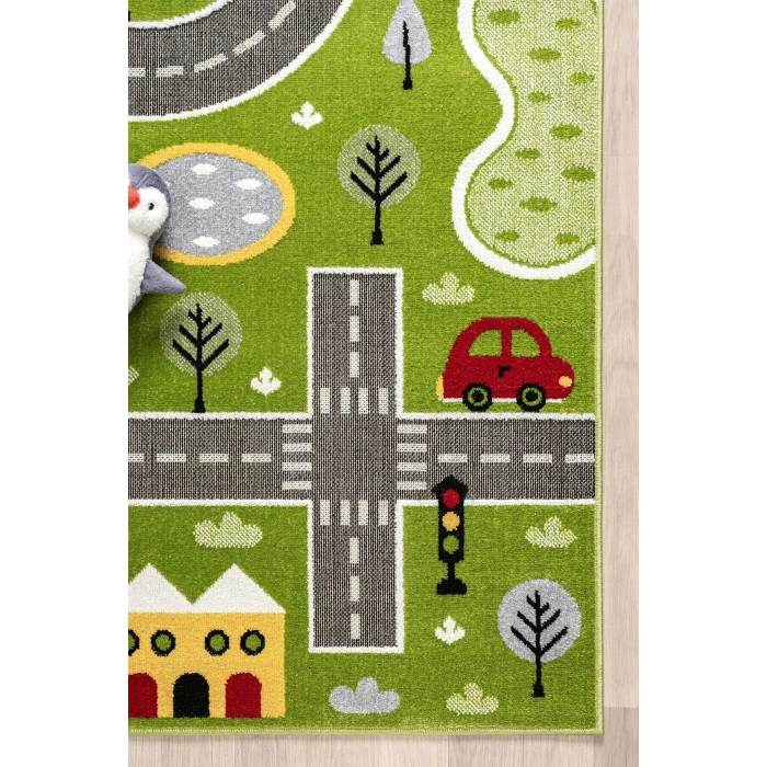 Trafik Arabalı Dokuma Halı Yıkanabilir Çocuk Halısı Anaokul Kreş Oyun Halısı YEŞİL