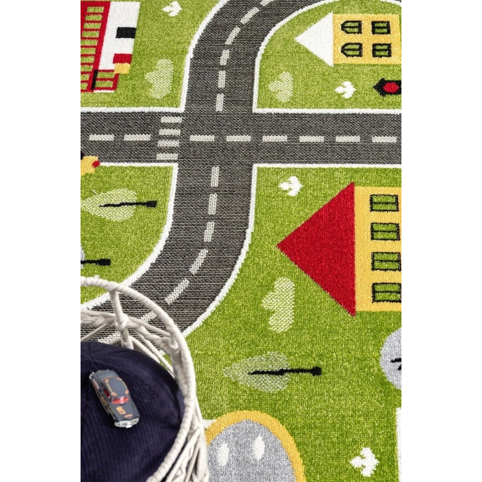 Trafik Arabalı Dokuma Halı Yıkanabilir Çocuk Halısı Anaokul Kreş Oyun Halısı YEŞİL