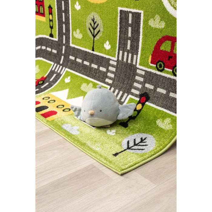 Trafik Arabalı Dokuma Halı Yıkanabilir Çocuk Halısı Anaokul Kreş Oyun Halısı YEŞİL