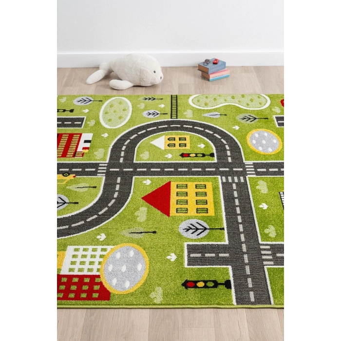 Trafik Arabalı Dokuma Halı Yıkanabilir Çocuk Halısı Anaokul Kreş Oyun Halısı YEŞİL