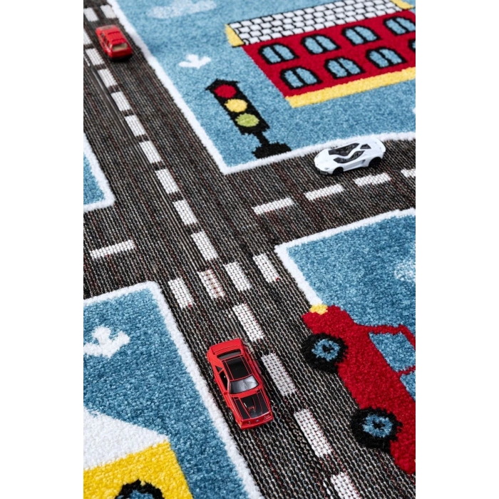 Trafik Arabalı Dokuma Halı Yıkanabilir Çocuk Halısı Anaokul Kreş Oyun Halısı MAVİ