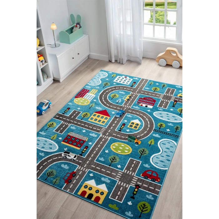Trafik Arabalı Dokuma Halı Yıkanabilir Çocuk Halısı Anaokul Kreş Oyun Halısı MAVİ
