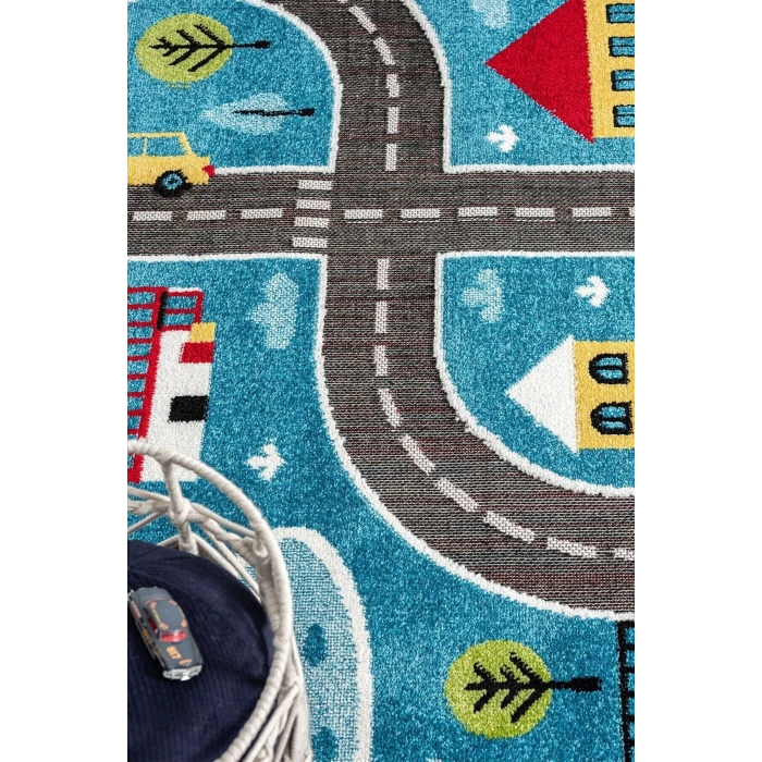 Trafik Arabalı Dokuma Halı Yıkanabilir Çocuk Halısı Anaokul Kreş Oyun Halısı MAVİ