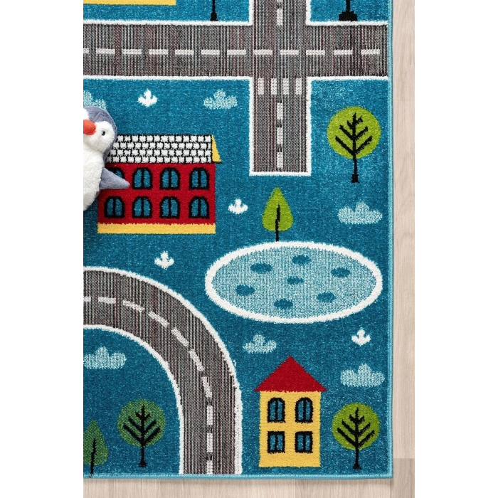 Trafik Arabalı Dokuma Halı Yıkanabilir Çocuk Halısı Anaokul Kreş Oyun Halısı MAVİ