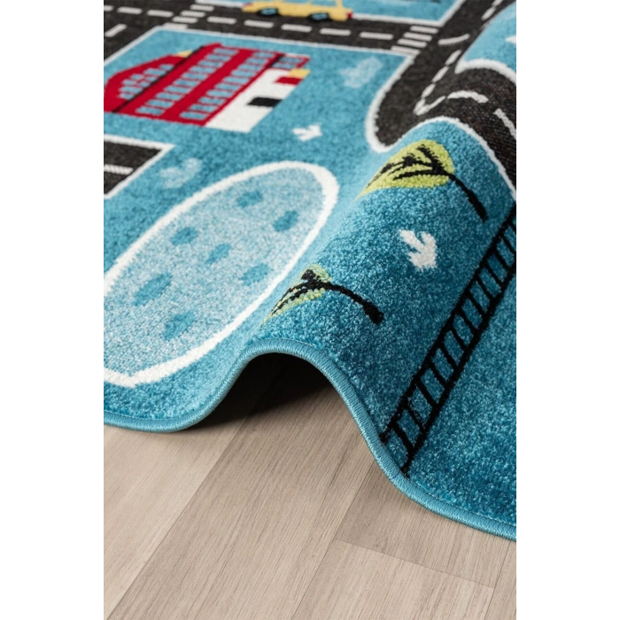 Trafik Arabalı Dokuma Halı Yıkanabilir Çocuk Halısı Anaokul Kreş Oyun Halısı MAVİ