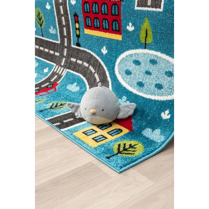 Trafik Arabalı Dokuma Halı Yıkanabilir Çocuk Halısı Anaokul Kreş Oyun Halısı MAVİ