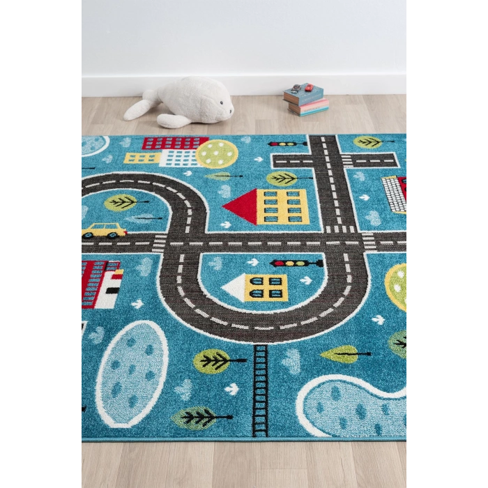 Trafik Arabalı Dokuma Halı Yıkanabilir Çocuk Halısı Anaokul Kreş Oyun Halısı MAVİ
