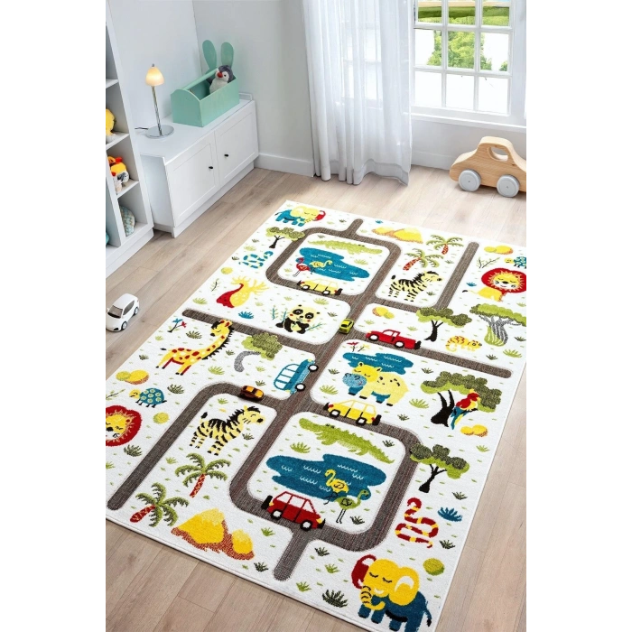 Hayvan Trafik Araba Yolu Figürlü Dokuma Halı Yıkanabilir Çocuk Halısı Anaokul Kreş Oyun Halısı BEYAZ