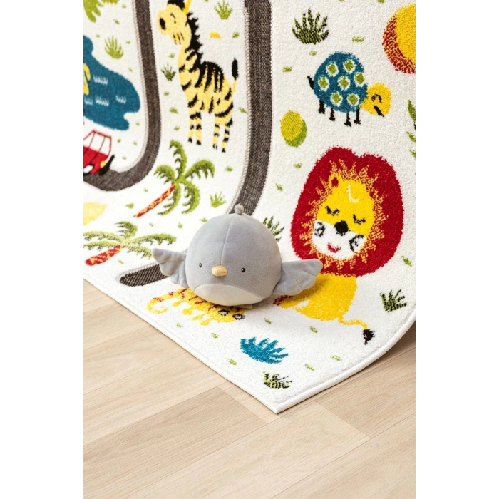 Hayvan Trafik Araba Yolu Figürlü Dokuma Halı Yıkanabilir Çocuk Halısı Anaokul Kreş Oyun Halısı BEYAZ