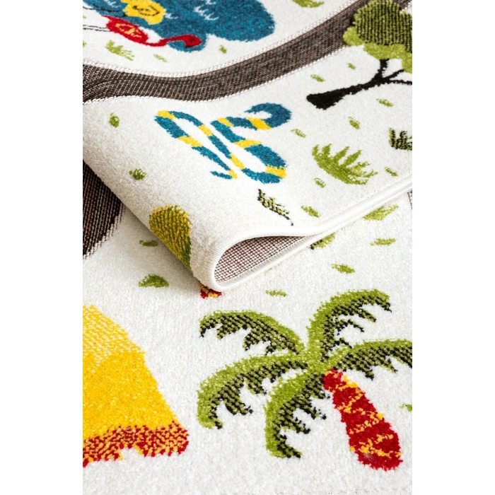 Hayvan Trafik Araba Yolu Figürlü Dokuma Halı Yıkanabilir Çocuk Halısı Anaokul Kreş Oyun Halısı BEYAZ