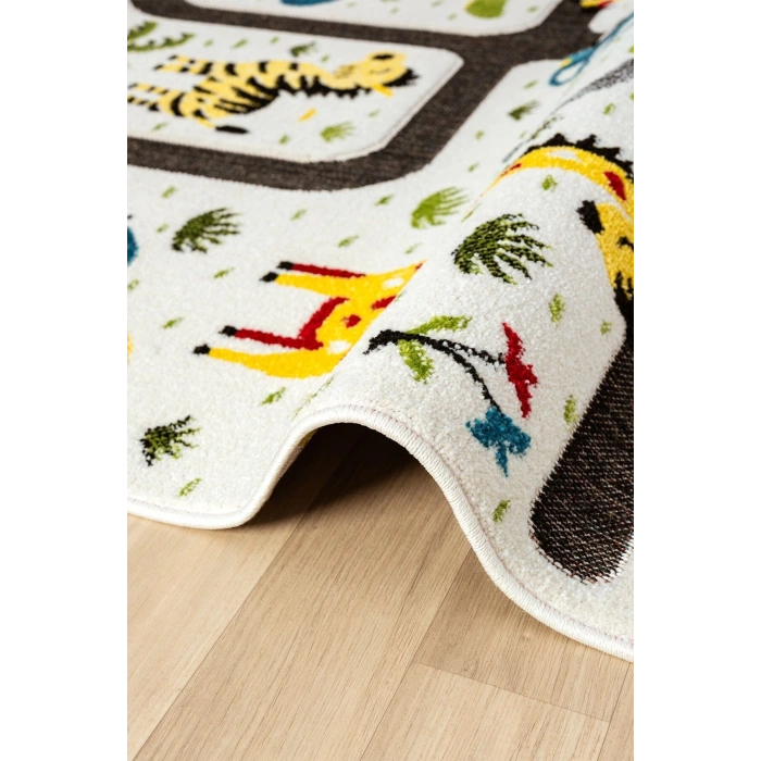 Hayvan Trafik Araba Yolu Figürlü Dokuma Halı Yıkanabilir Çocuk Halısı Anaokul Kreş Oyun Halısı BEYAZ