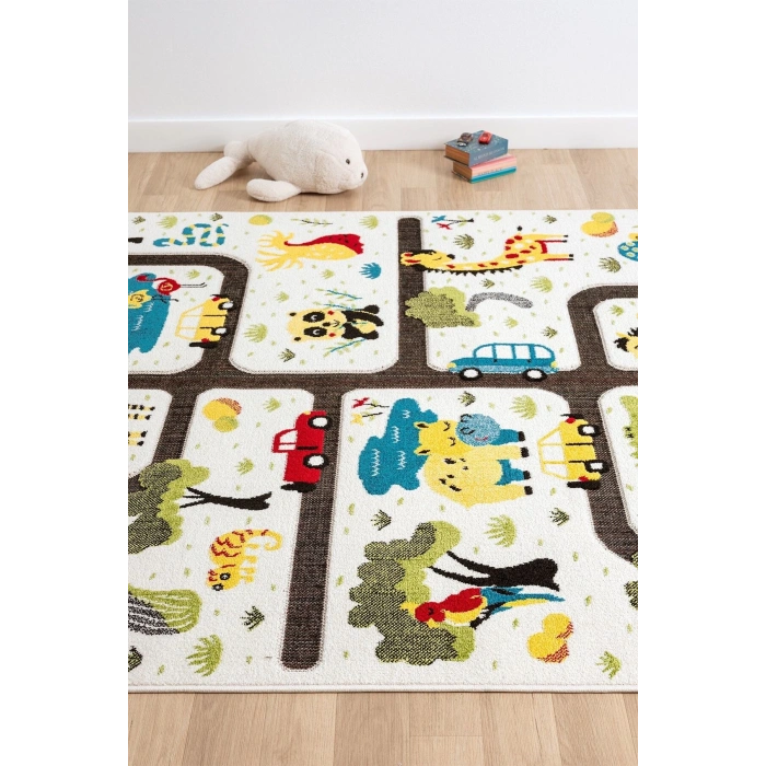 Hayvan Trafik Araba Yolu Figürlü Dokuma Halı Yıkanabilir Çocuk Halısı Anaokul Kreş Oyun Halısı BEYAZ