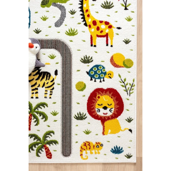 Hayvan Trafik Araba Yolu Figürlü Dokuma Halı Yıkanabilir Çocuk Halısı Anaokul Kreş Oyun Halısı BEYAZ