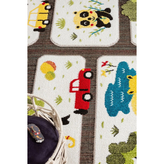 Hayvan Trafik Araba Yolu Figürlü Dokuma Halı Yıkanabilir Çocuk Halısı Anaokul Kreş Oyun Halısı BEYAZ