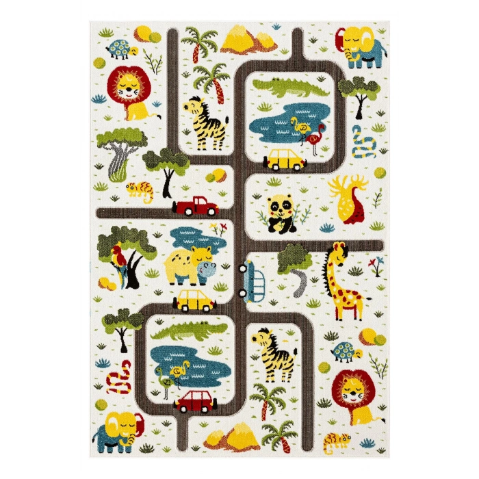Hayvan Trafik Araba Yolu Figürlü Dokuma Halı Yıkanabilir Çocuk Halısı Anaokul Kreş Oyun Halısı BEYAZ