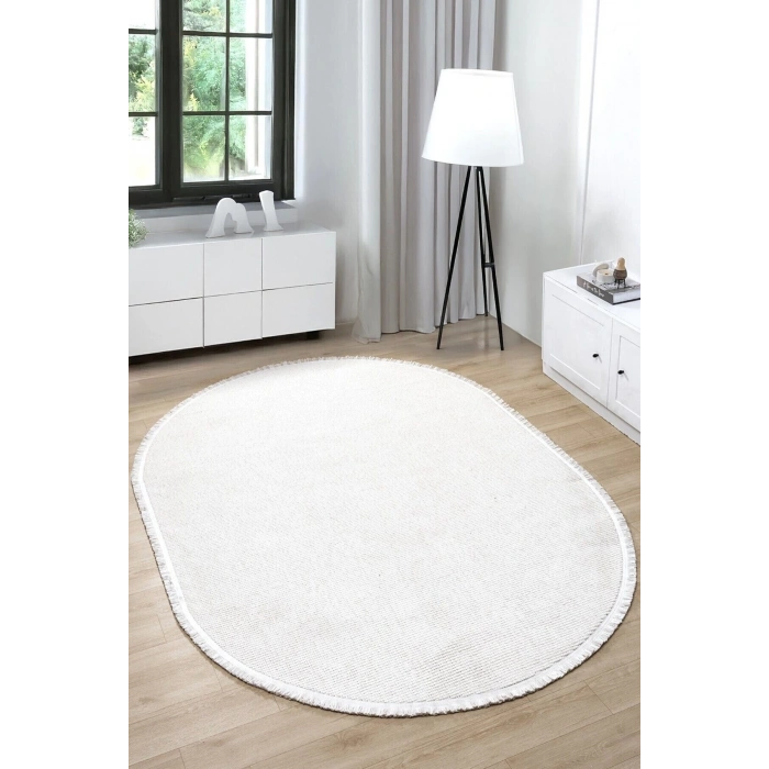Beyaz Oval Dokuma Halı Salon Oturma Odası Yatak Odası Koridor Yolluk Halısı BEYAZ OVAL