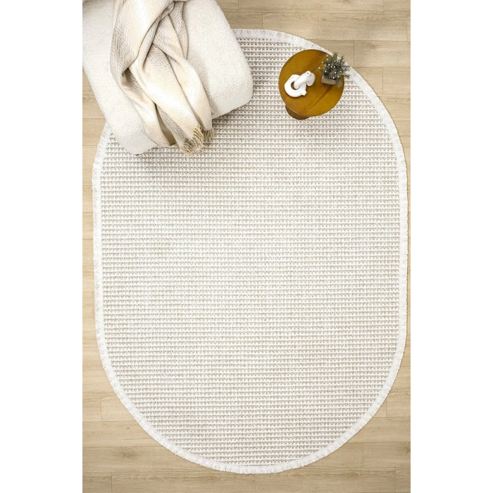 Oval Beyaz Bej Halı Modern Oturma Odası Salon Mutfak Koridor Antre Balkon Çocuk Odası Halısı 006