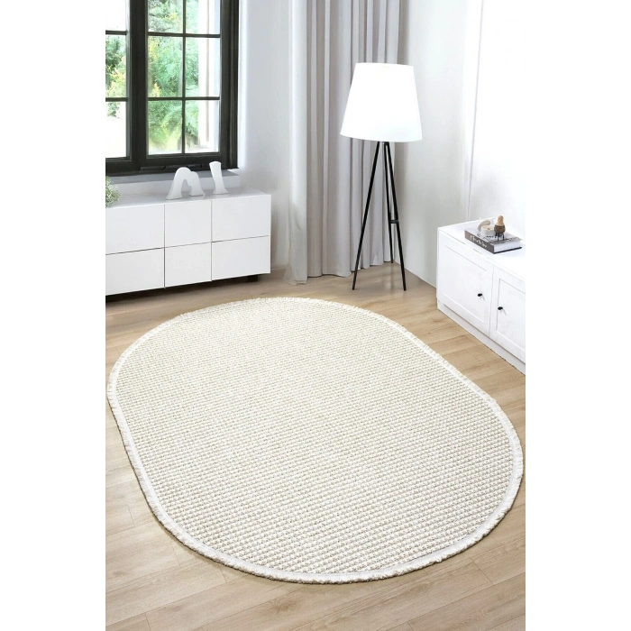 Oval Beyaz Bej Halı Modern Oturma Odası Salon Mutfak Koridor Antre Balkon Çocuk Odası Halısı 006