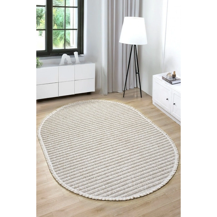 Oval Bej Halı Modern Oturma Odası Salon Mutfak Koridor Antre Balkon Çocuk Odası Halısı 0019