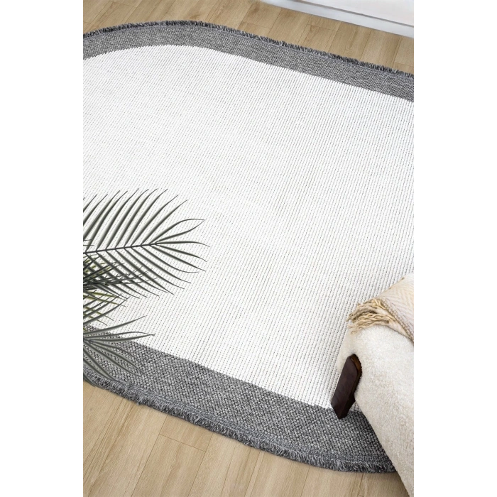 Oval Gri Halı Bordür Modern Oturma Odası Salon Mutfak Koridor Antre Balkon Çocuk Odası Halısı 0020
